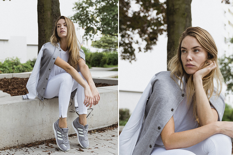 Vita jeans med grå basebolljacka och sneakers